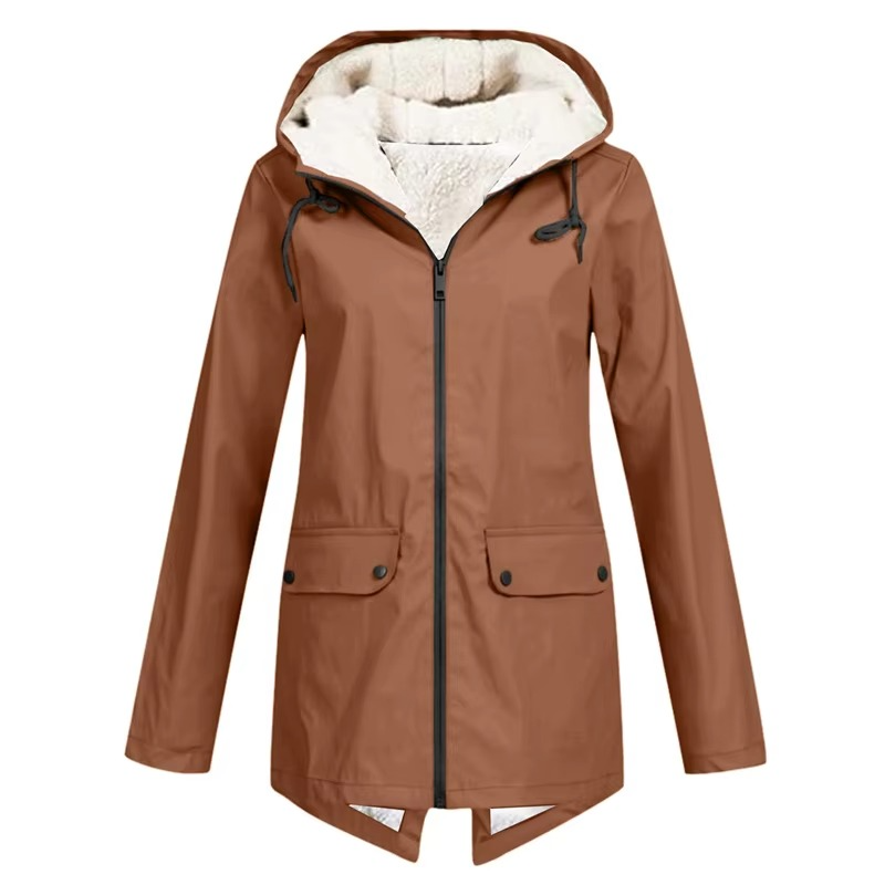 Women's waterproof hooded trench coat windbreaker with velvet lining, sleek all-weather style