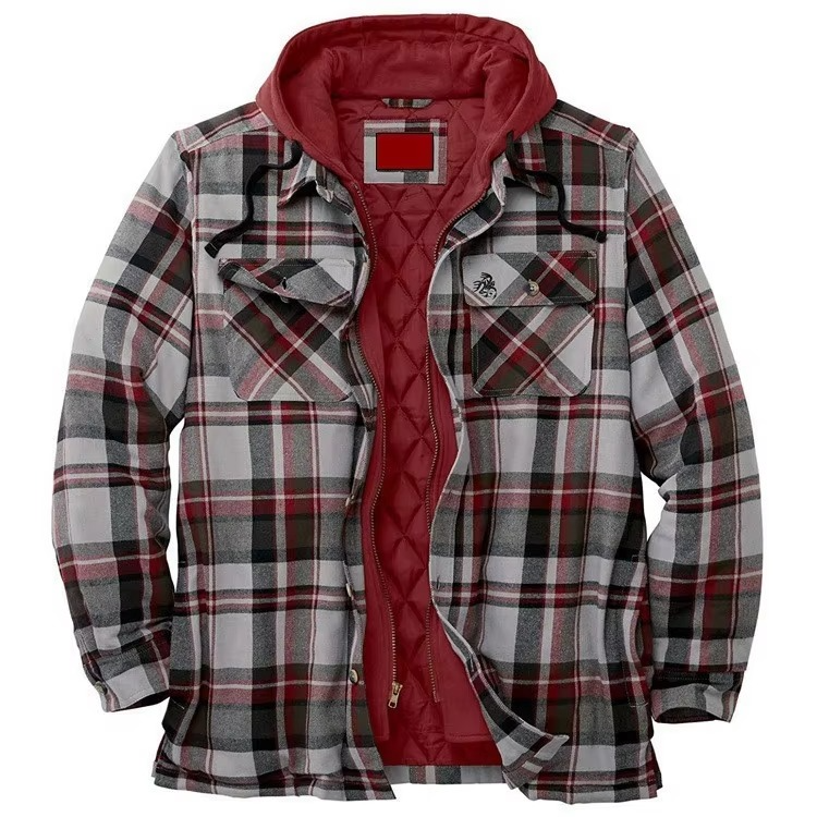 Men's patchwork checkered hooded cotton jacket with American flag design, thick warm casual coat