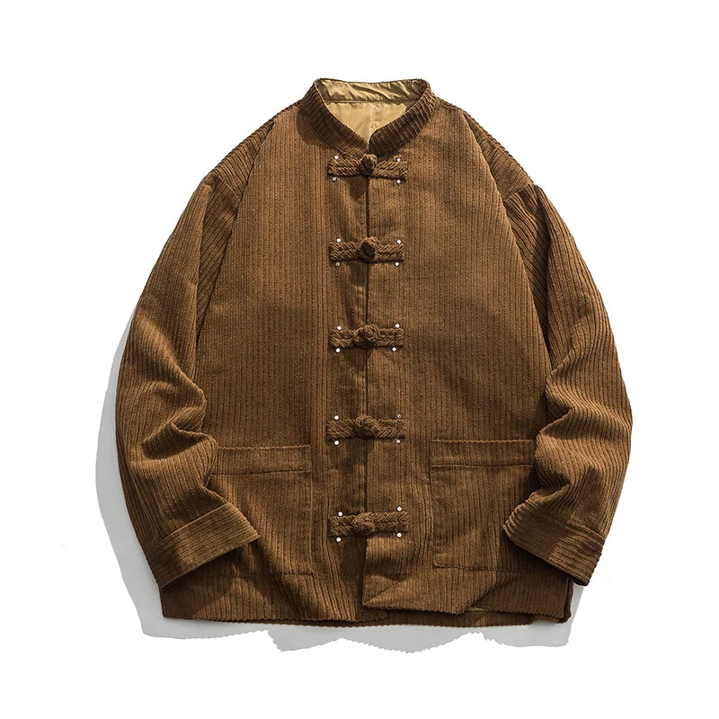 Oversized corduroy jacket with embroidered frog closure in solid color Eastern-inspired silhouette