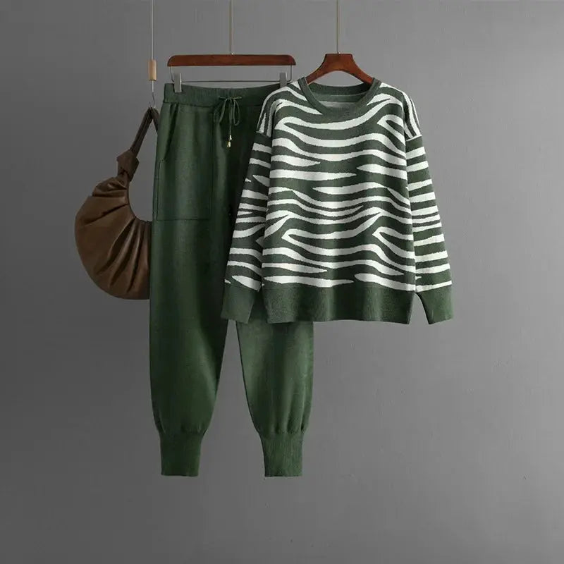 Harper cashmere knit lounge set zebra pattern ultra-soft ribbed cuffs matching top and bottom