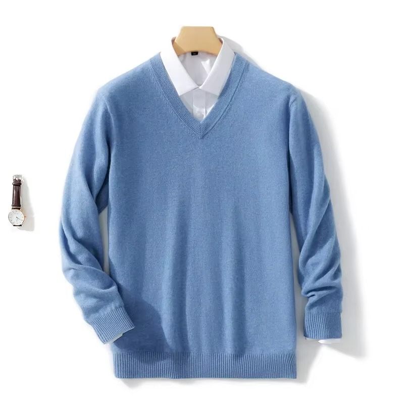 Men's wool blend V-neck sweater casual fit lightweight knit pullover for winter layering