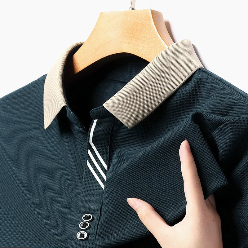 Belgravia stretch polo shirt navy blue ribbed collar short sleeves breathable fabric for golf and active wear