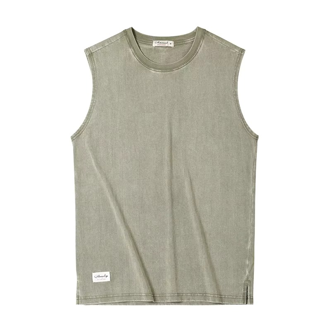 Washed cotton sleeveless tank top relaxed fit faded tones raw edges unisex casual wear