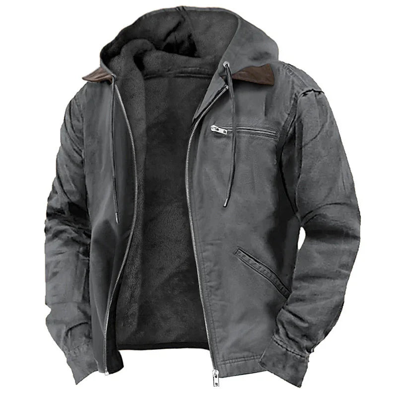 Men's olive green rugged cotton canvas jacket with zip front, utility pockets, and cozy fleece lining