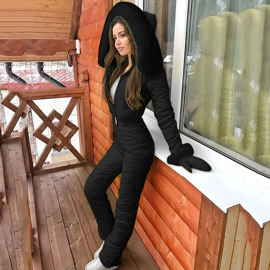 Women's elegant winter jumpsuit in neutral tones, slim-fit silhouette with insulated all-in-one cold-weather design