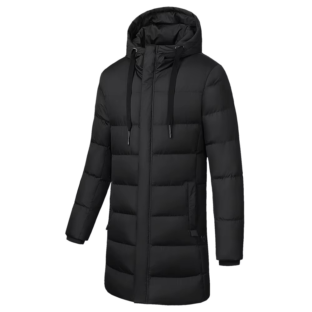 Black long hooded heated down coat with USB warming technology for outdoor winter adventures