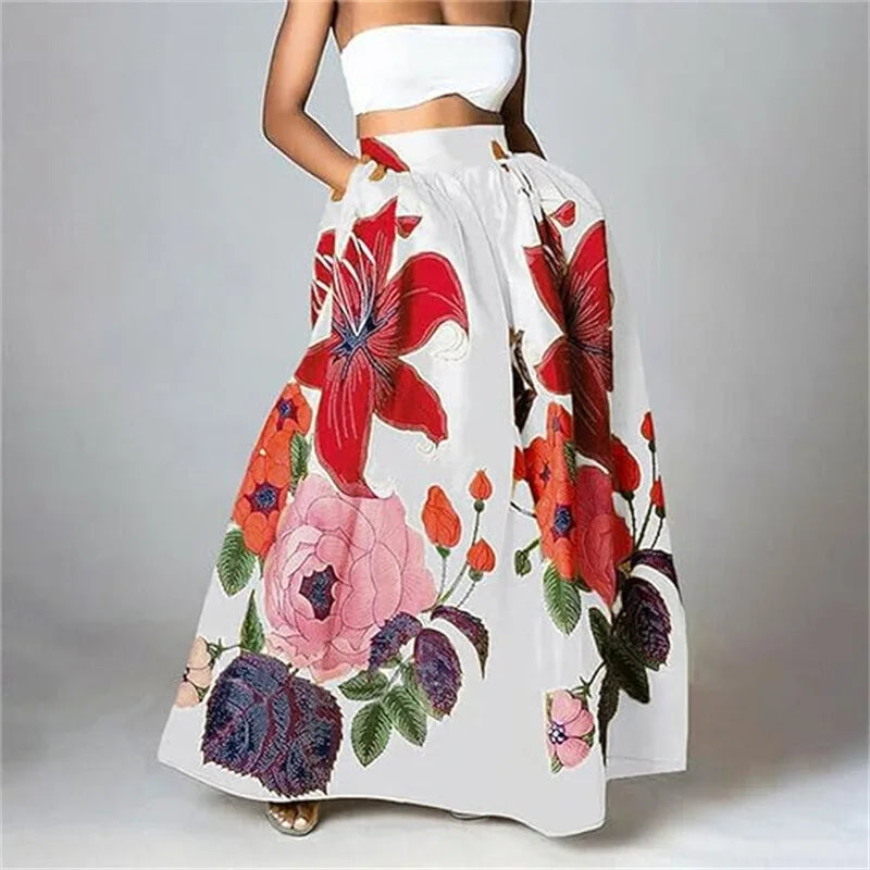 Boho maxi skirt with lush oversized floral print and flowing silhouette in botanical garden tones