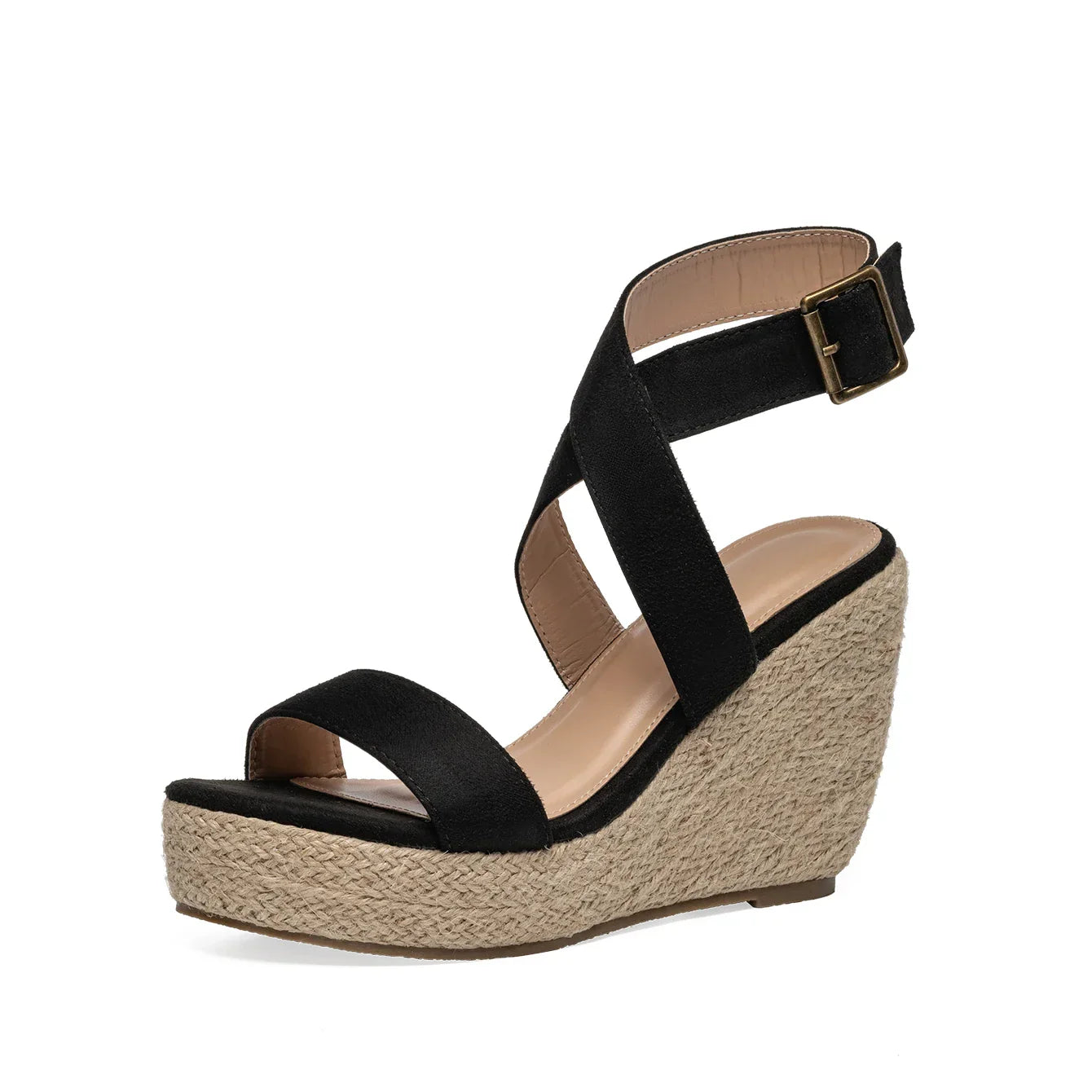 Black bohemian espadrille wedge sandals with adjustable crisscross straps for women