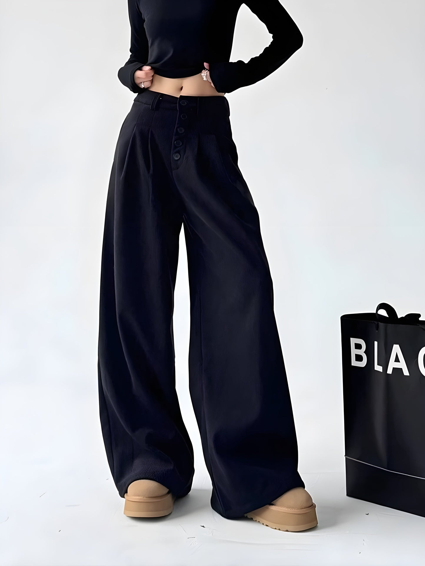 Women's corduroy palazzo pants cinched high waist button detail pleated wide-leg relaxed chic fit