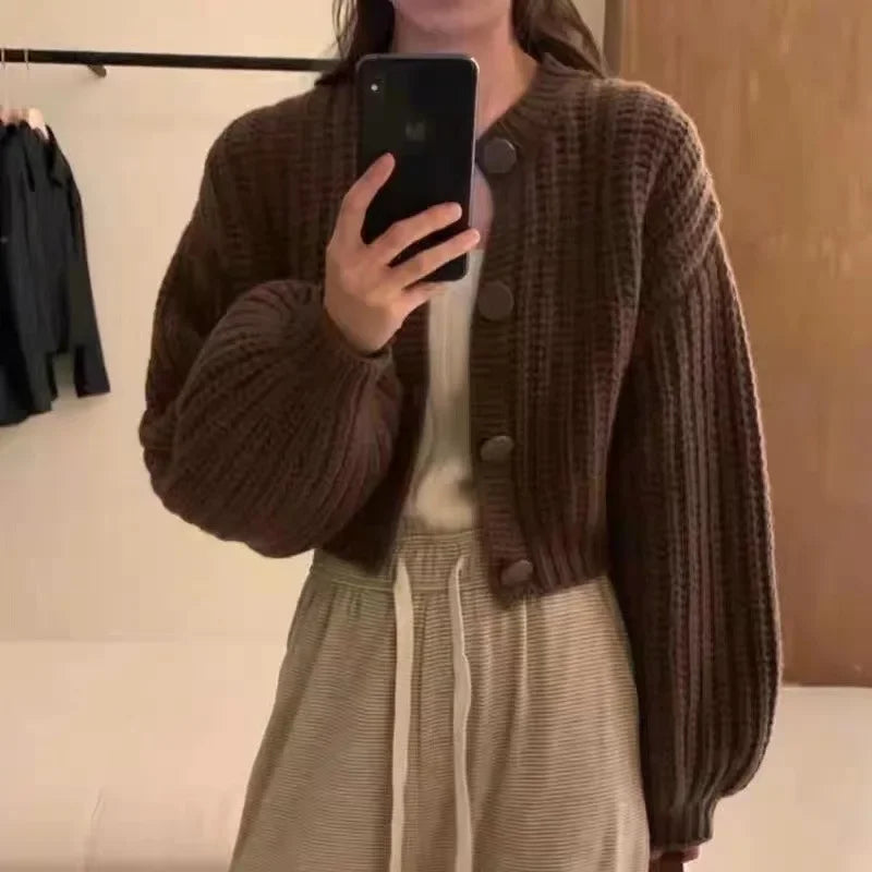 Women's cropped wool knit cardigan balloon sleeves button front relaxed fit cozy style