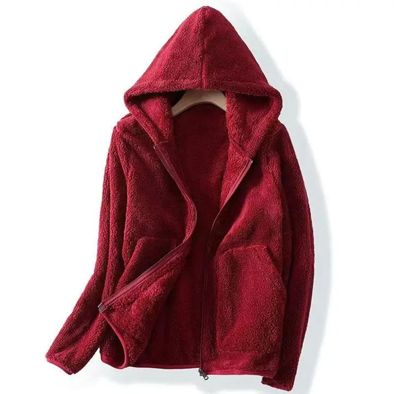 Women's cozy hooded zip jacket in neutral tone, relaxed everyday fit with front zipper closure