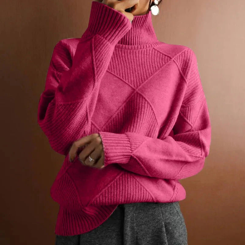 Women's geometric ribbed wool turtleneck sweater relaxed fit cozy everyday style