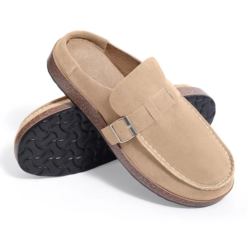 Women's brown suede clogs with adjustable metal buckle strap and plush cushioned insole for casual wear
