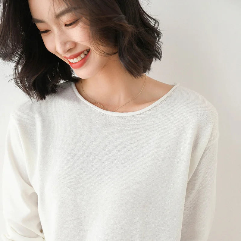 Women's mist blue fine-gauge knit top, lightweight cotton blend with smooth bound neckline