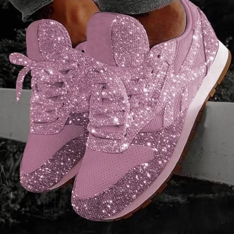 Women's silver glitter mesh platform sneakers with lace-up style and lightweight breathable sparkle upper