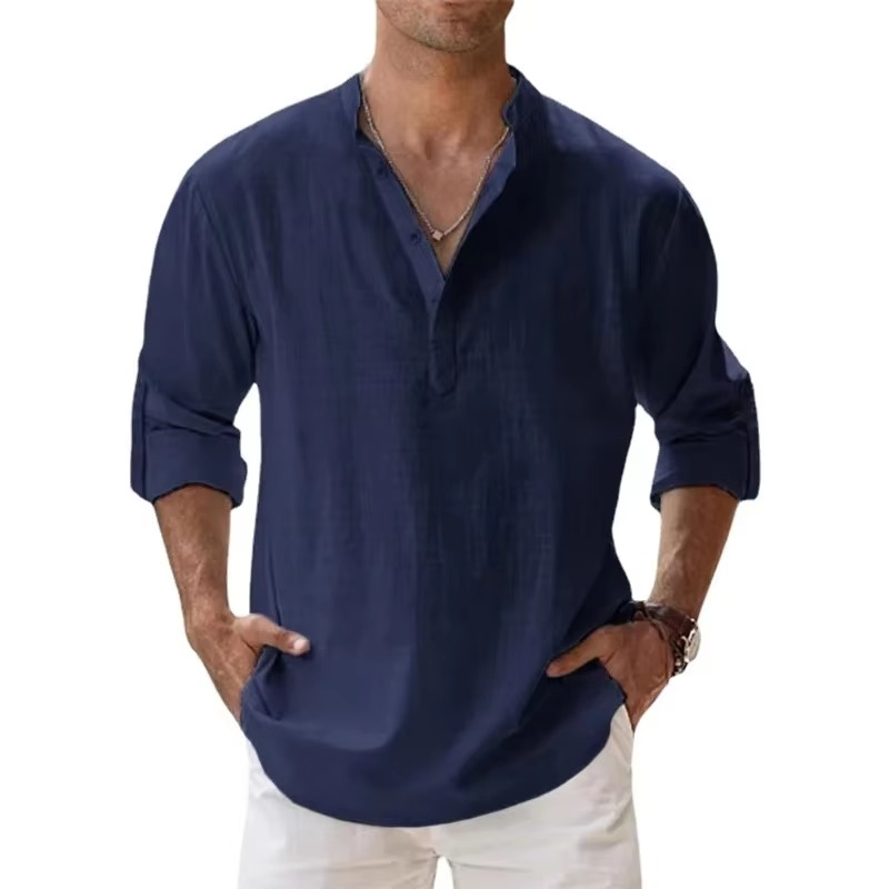 Men's beige cotton linen Henley shirt, long sleeve summer beach essential with 3-button placket