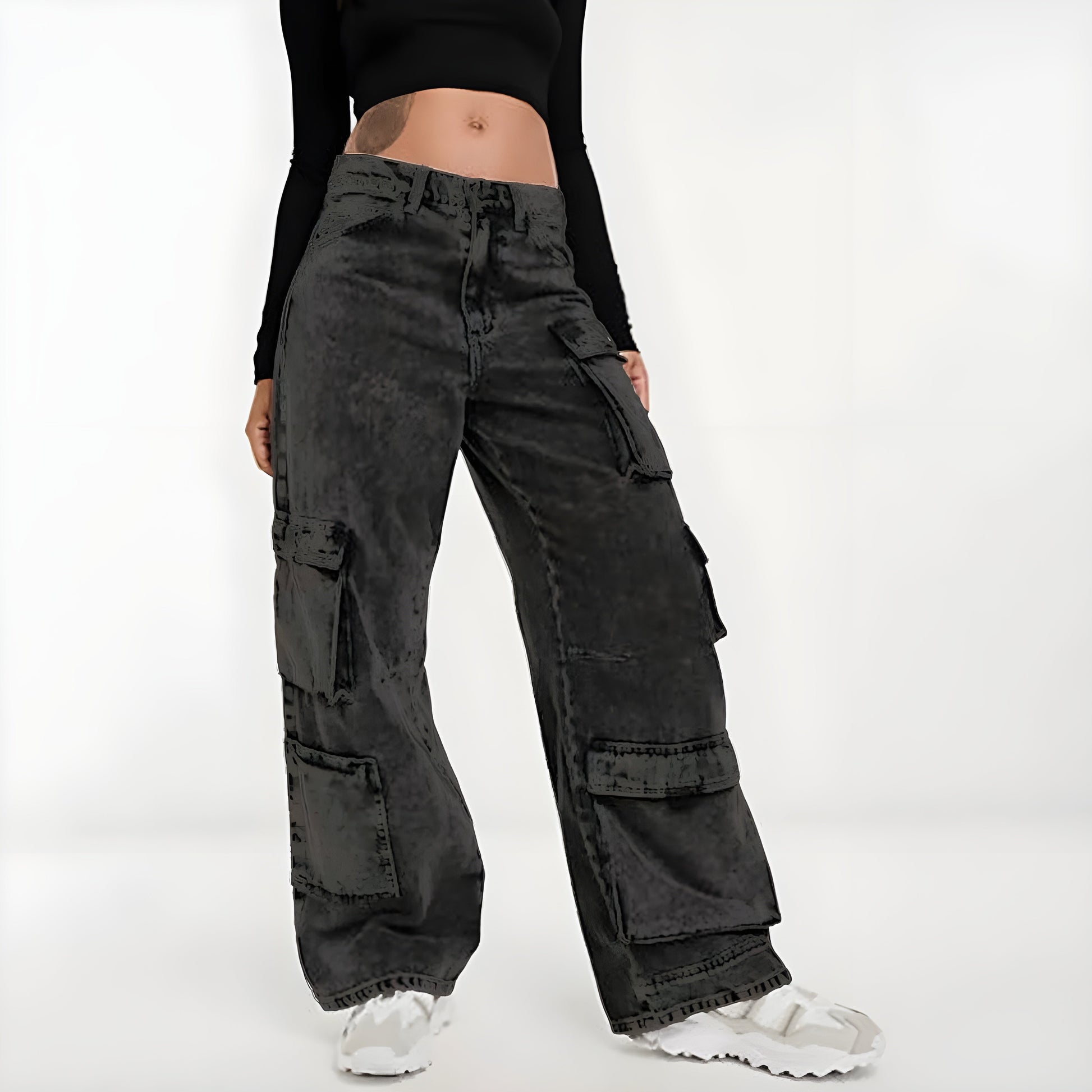 Women's acid wash cargo denim jeans high rise wide leg streetwear vintage retro style