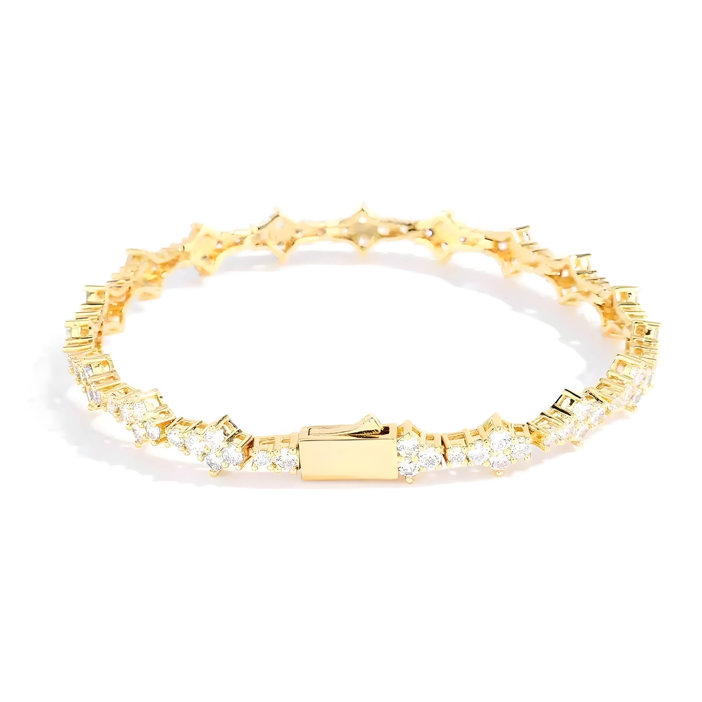 Silver cable chain bracelet with rhinestone four-petal flower charm, elegant everyday jewelry for women