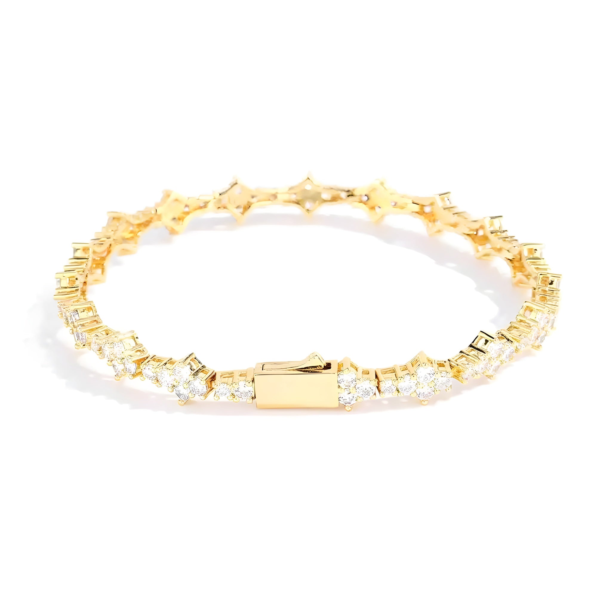 Silver cable chain bracelet with rhinestone four-petal flower charm, elegant everyday jewelry for women