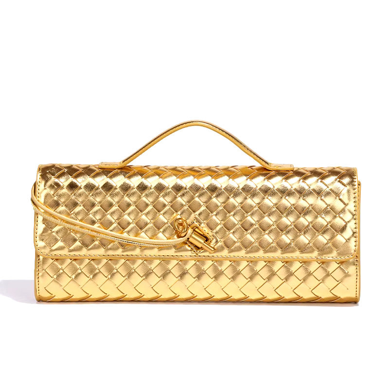 Woven women's clutch bag textured finish top handle rectangular silhouette metallic twist lock evening