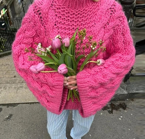 Women's oversized cable knit sweater round neck cozy chic loose fit everyday essential