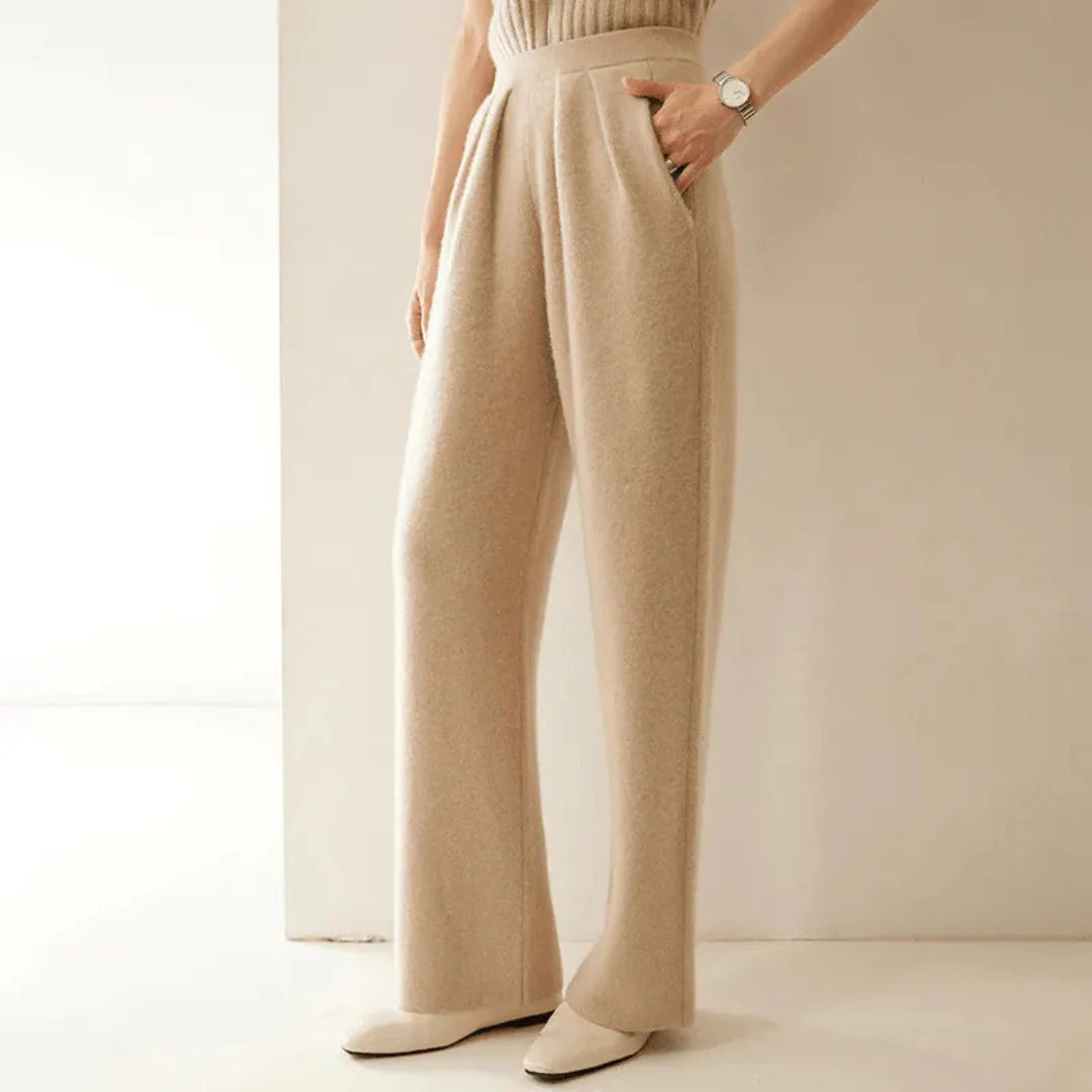Women's beige cashmere wide-leg pants high-rise silhouette luxurious soft fabric elegant drape