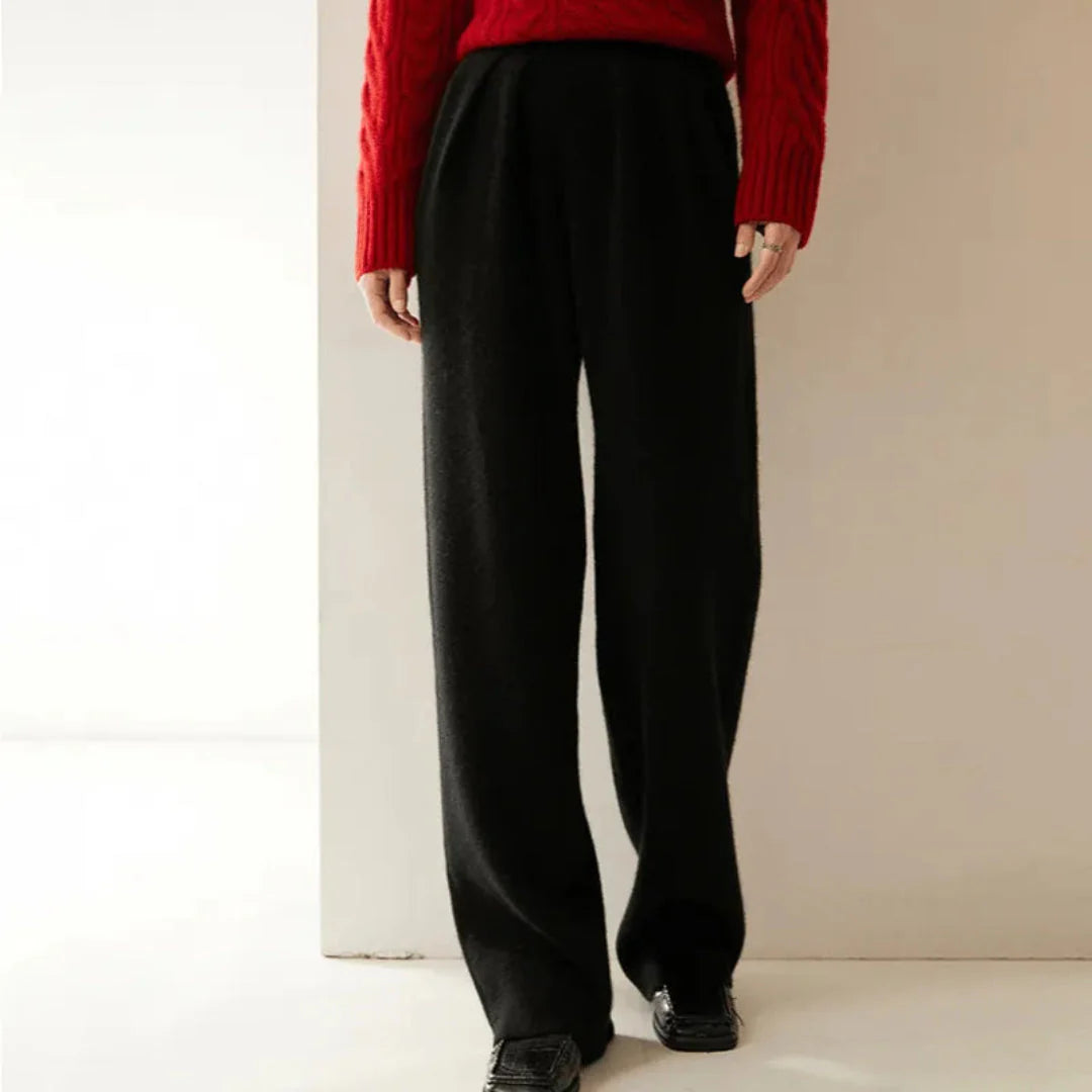 Women's beige cashmere wide-leg pants high-rise silhouette with luxurious soft drape