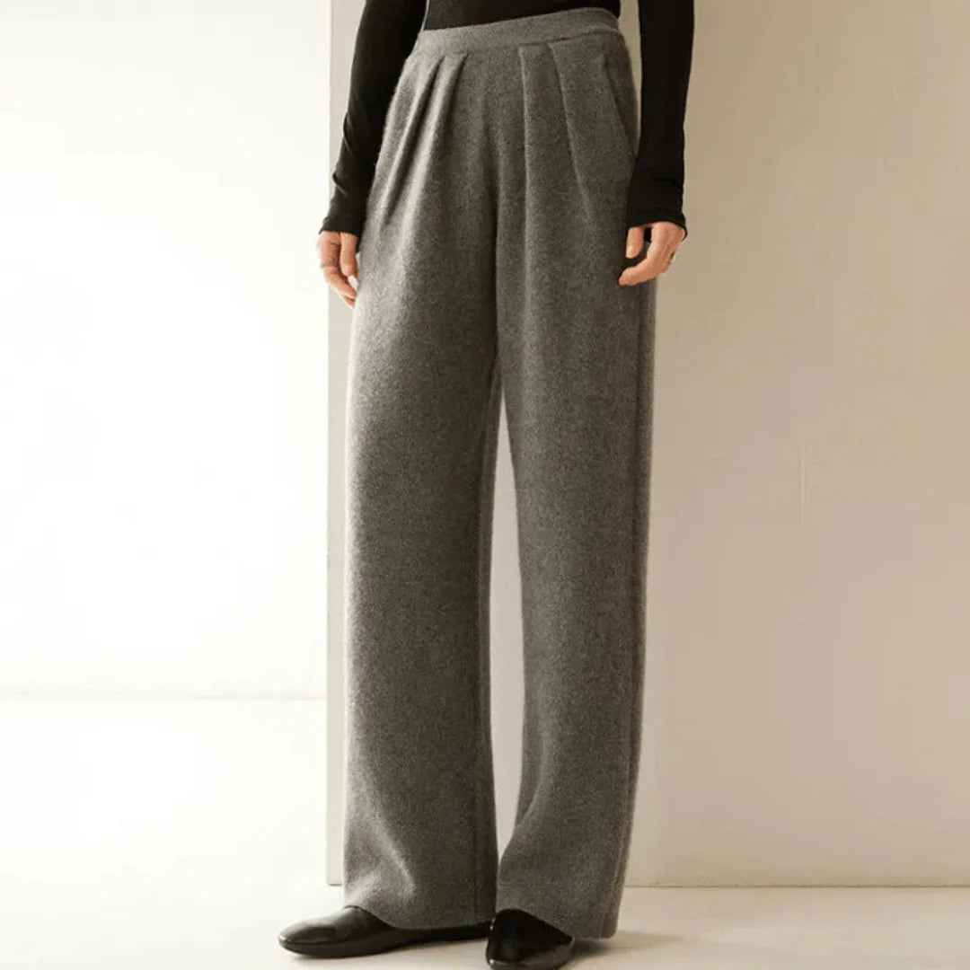 Women's cashmere wide-leg pants high-rise silhouette in neutral tone with luxurious soft drape