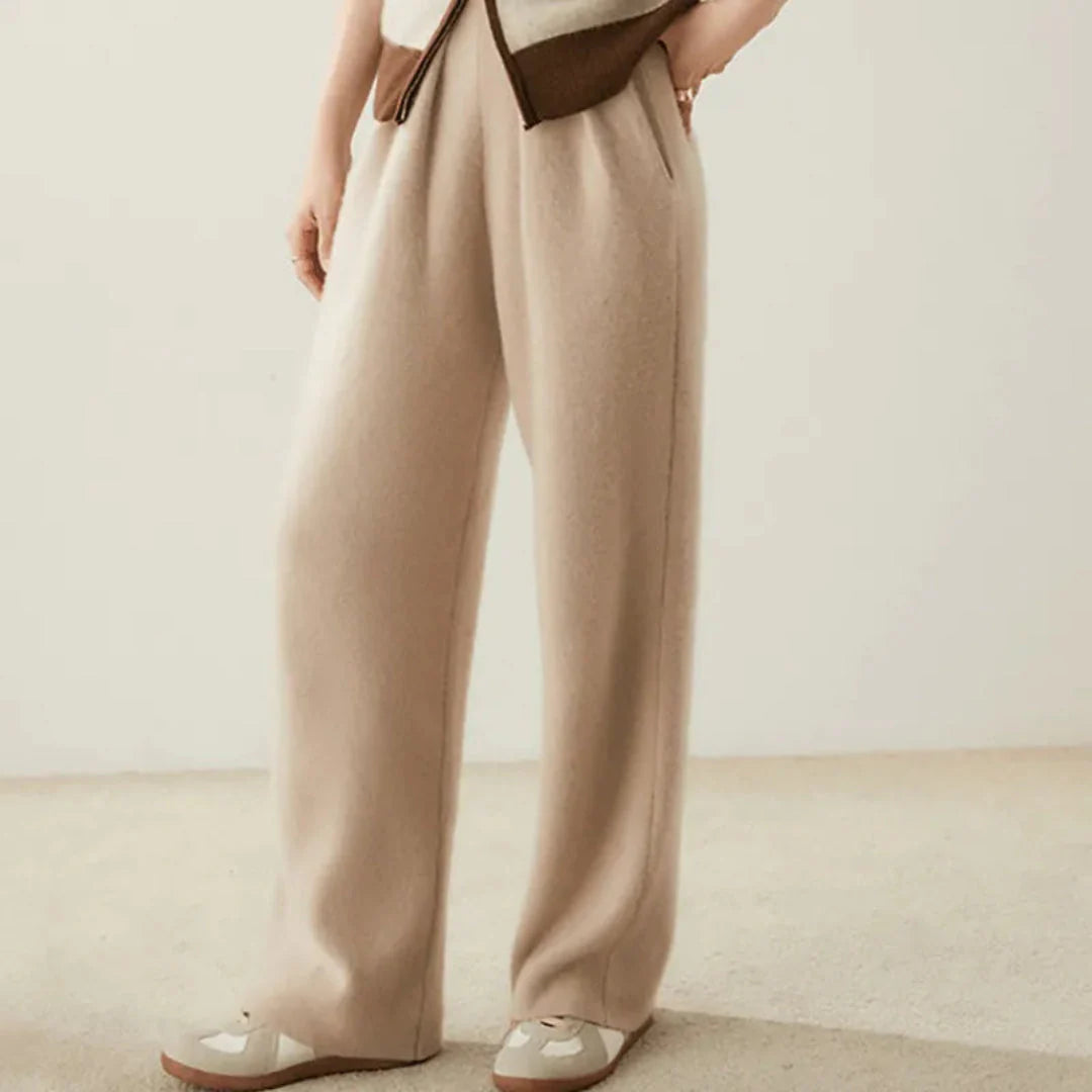 Women's beige cashmere wide-leg pants high-rise silhouette with elegant drape and luxurious softness