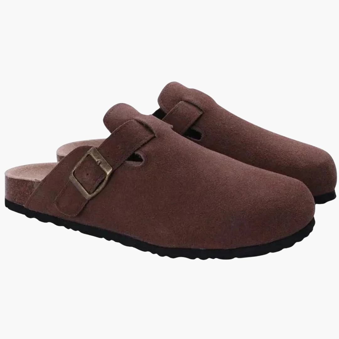 Men's closed-toe slip-on clogs with adjustable buckle strap, textured upper, everyday comfort