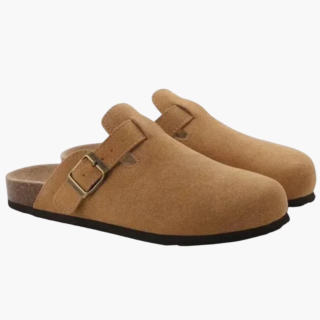 Men's closed-toe slip-on clogs with adjustable buckle strap in neutral tone for all-day support