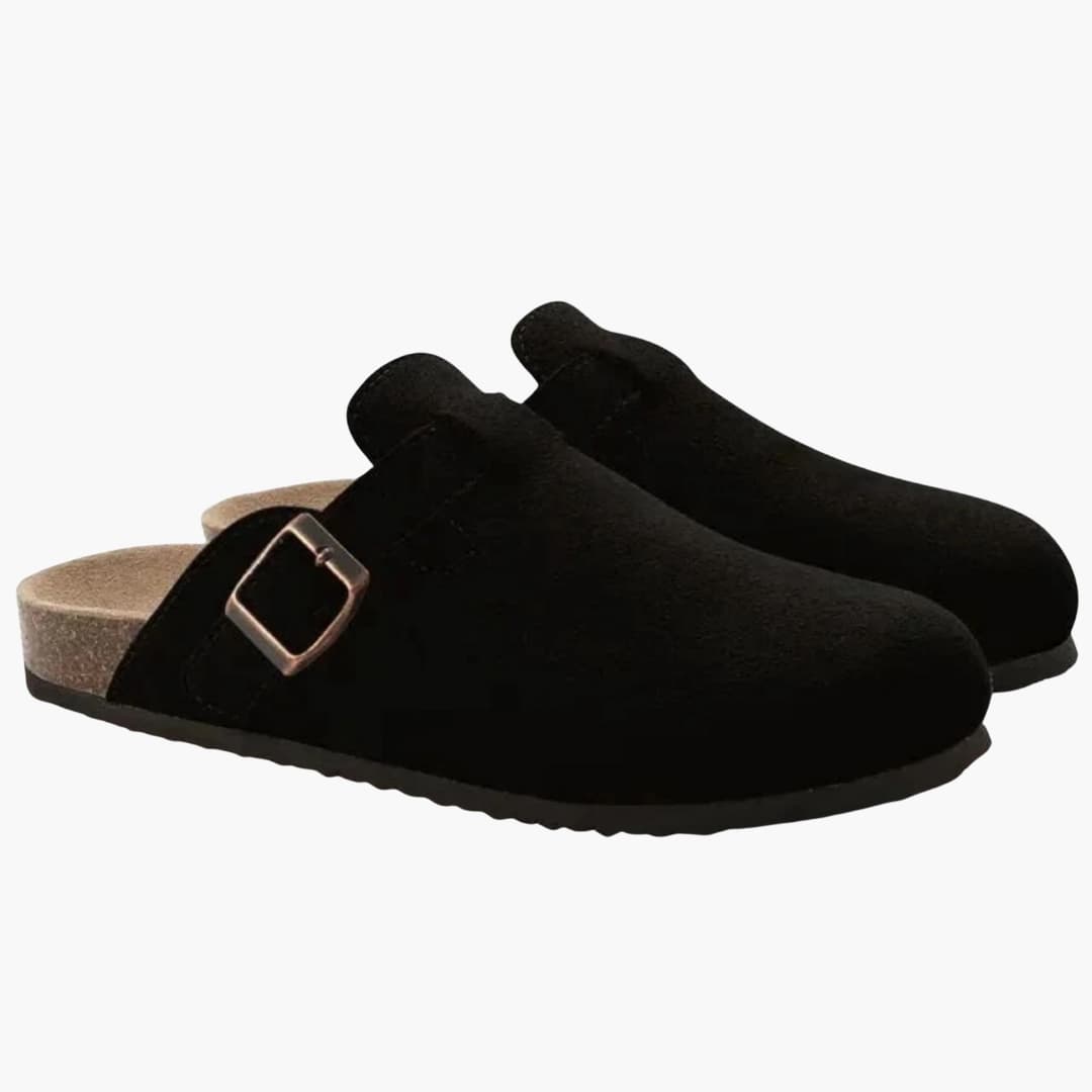 Men's closed-toe slip-on clogs with adjustable buckle strap in neutral tone for all-day support