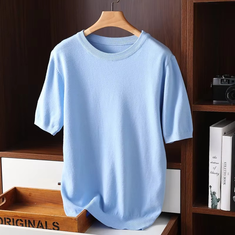 Men's ivory cashmere short sleeve O-neck sweater lightweight fine-knit luxury pullover modern fit