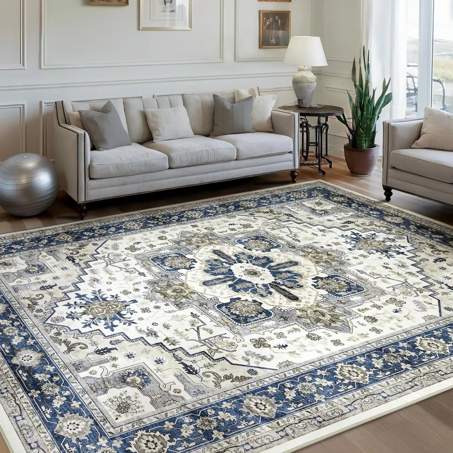 Blue white Persian geometric floral non-slip area rug with elegant traditional pattern for living room
