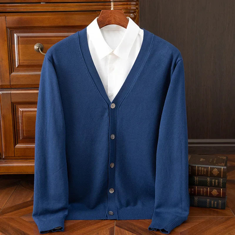 Men's grey cashmere wool blend V-neck cardigan relaxed fit with luxurious soft texture