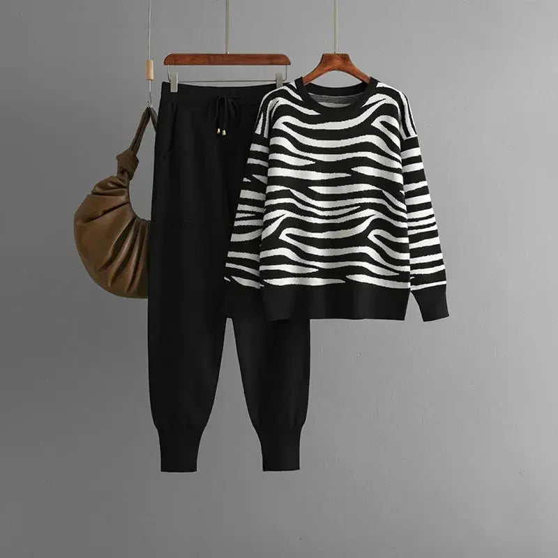 Harper cashmere knit lounge set zebra pattern ultra-soft matching ensemble with ribbed cuffs