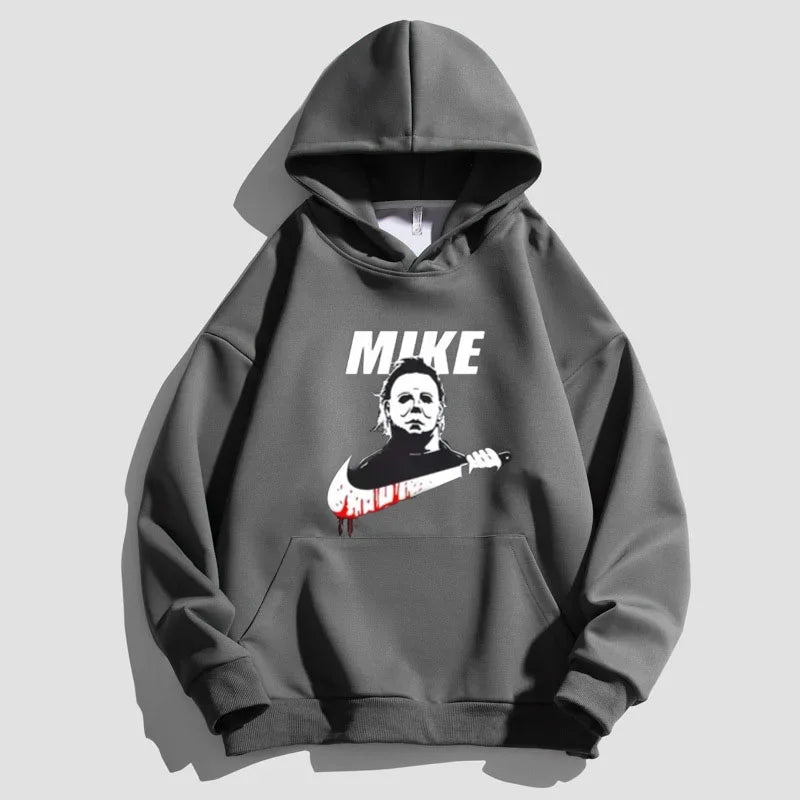 Men's oversized gray fleece hoodie with bold Mike graphic print and premium durable stitching