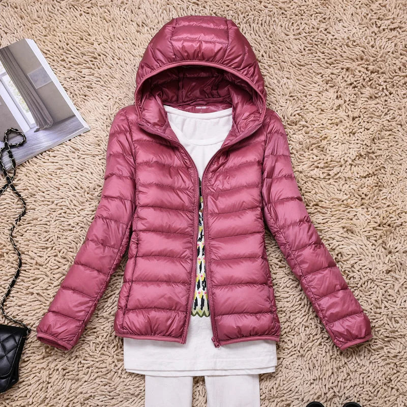 Women's taupe ultralight packable long down jacket with hood, travel-ready everyday warmth