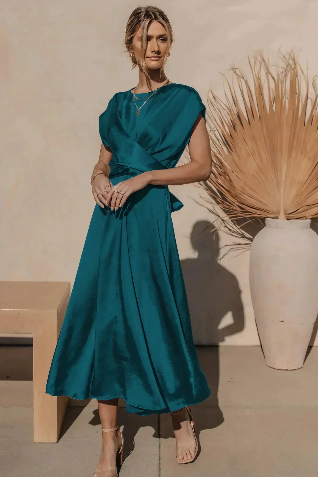 Women's satin-look midi dress with V-neck wrap, A-line silhouette, elegant drape in versatile style