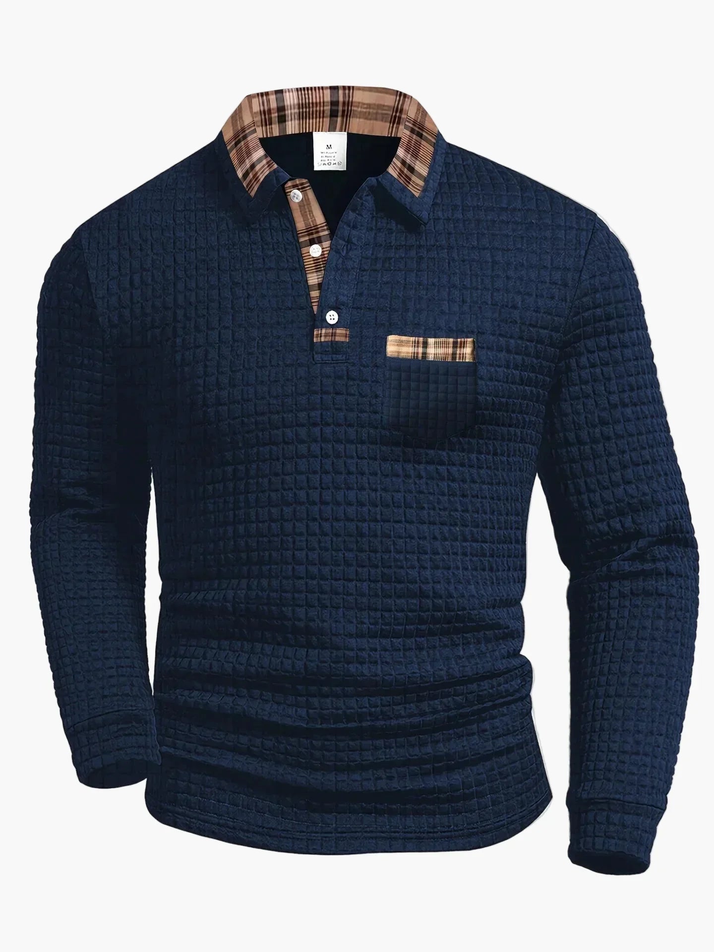 Men's long sleeve navy waffle knit polo shirt with check collar details for office wear