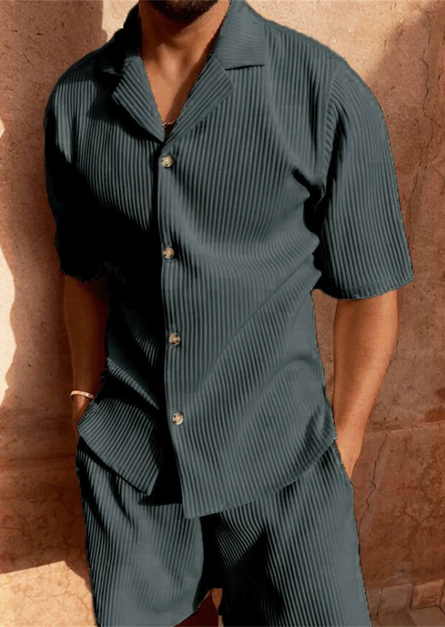 Men's corduroy 2-piece short set in neutral tone, short-sleeve shirt and stretchy shorts for beach