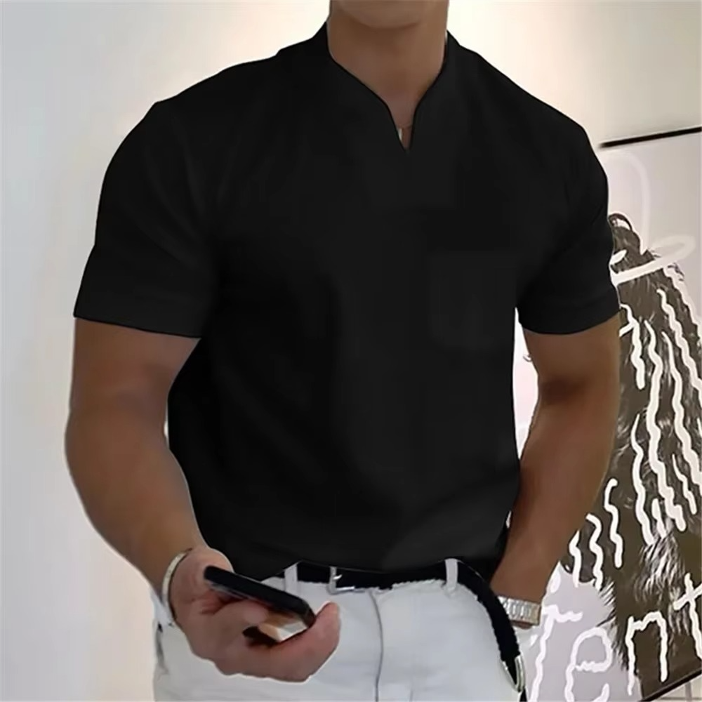 Men's white V-neck athletic cotton tee casual loose fit breathable short sleeve summer shirt