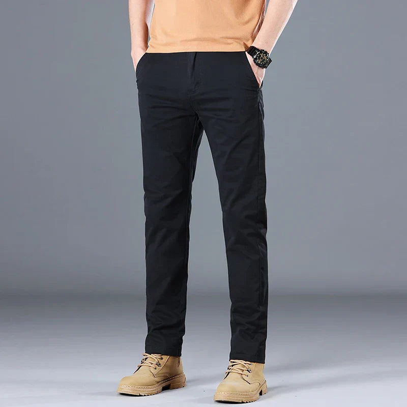 Men's straight-leg casual pants in neutral tone, relaxed everyday fit with versatile smart-casual style