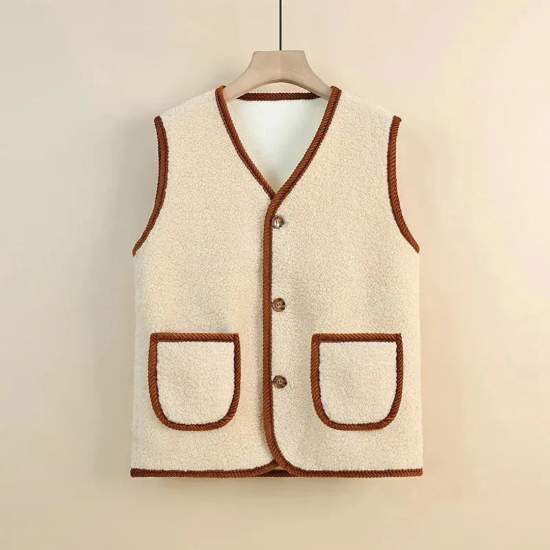 Women's wool blend sherpa vest in neutral tone, sleeveless V-neck button-front warm layering piece
