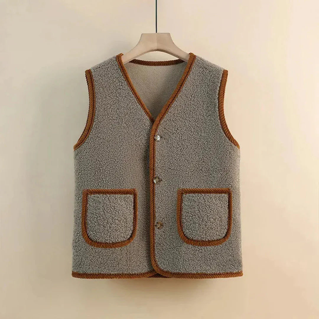 Women's wool blend sherpa vest, cream white, sleeveless V-neck with button front closure