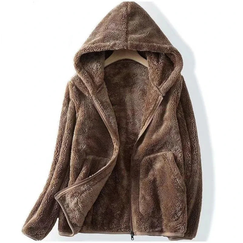 Unisex gray fleece zip-up sweatshirt relaxed fit with full-front zipper and cozy hood