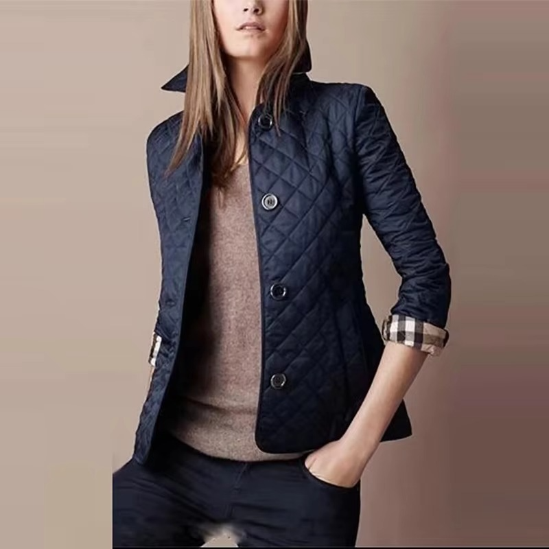 Women's slim tailored winter lapel coat with quilted cotton fill, pockets, polished cold-weather style