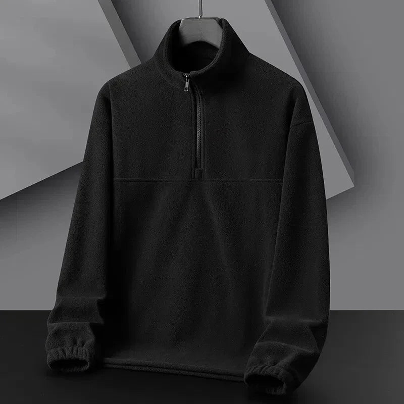 Heather gray half-zip fleece pullover minimalist high collar ultra-soft texture everyday comfort