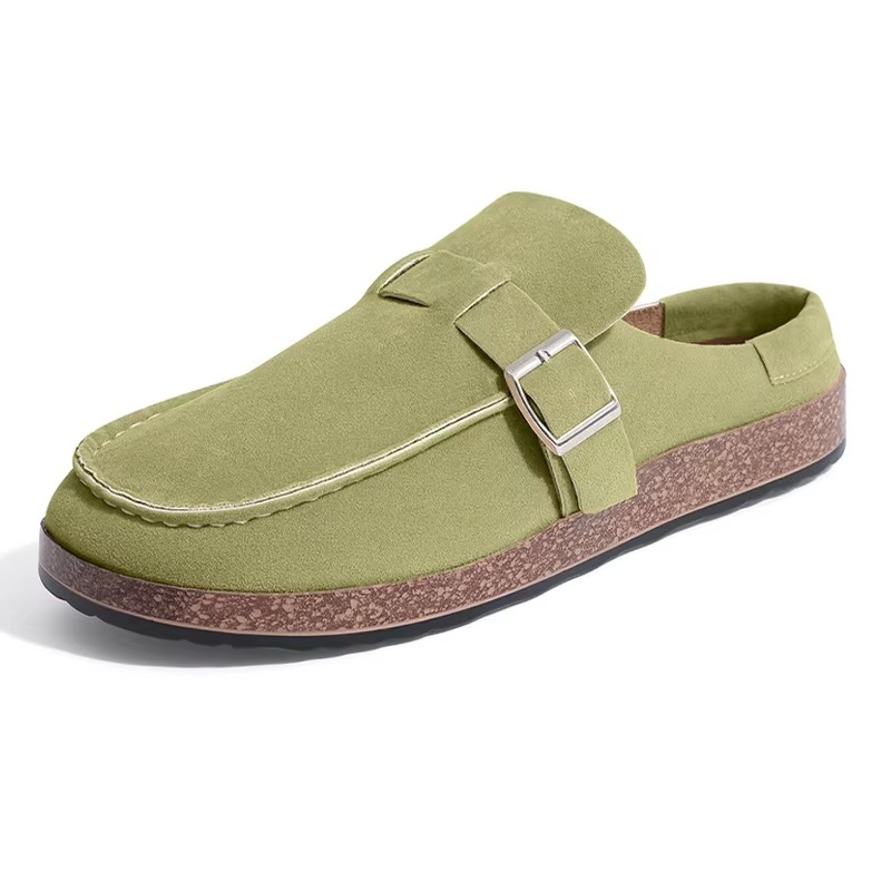 Women's brown suede comfort clogs with adjustable metal buckle strap and plush cushioned insole