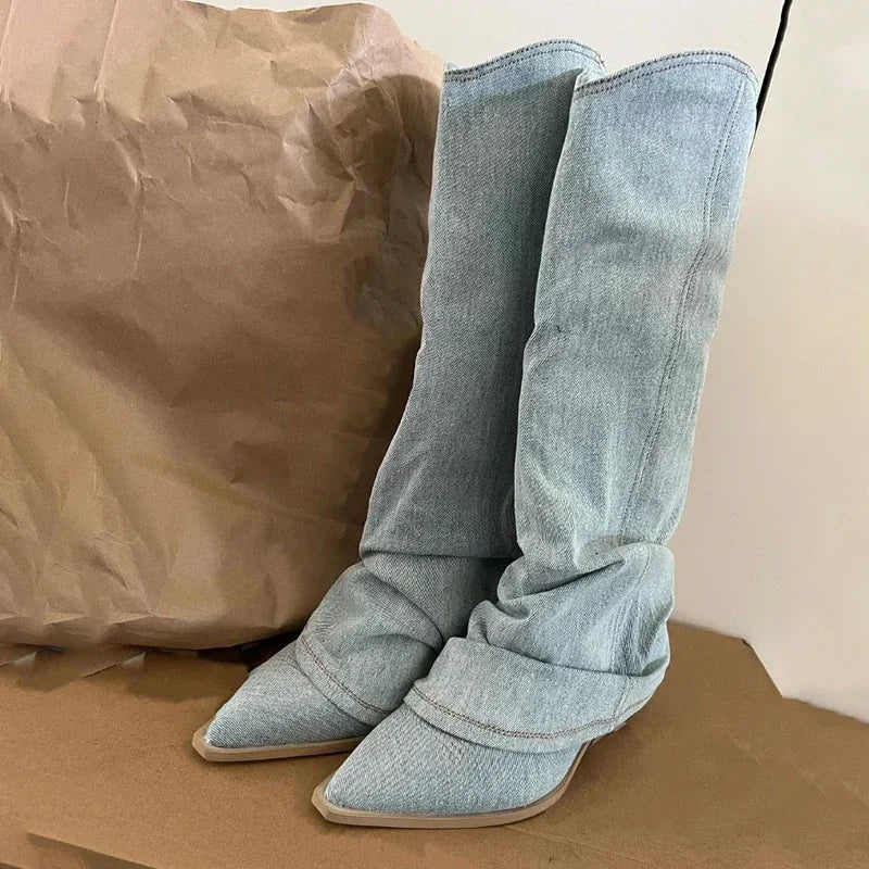 Women's denim knee-high boots casual dressy style with sleek elongating silhouette